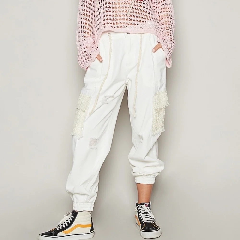 New POL Clothing Denim Lace Joggers Women's Distressed Relaxed WhiteTwill Pants - Picture 2 of 11